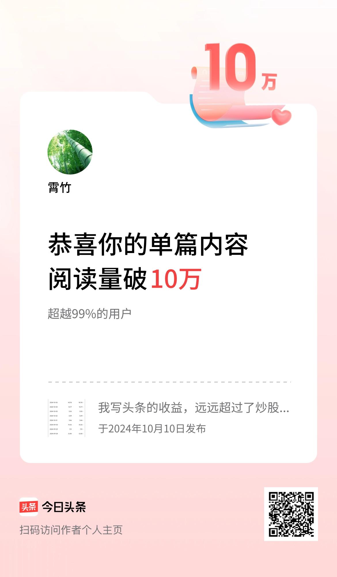 单篇内容获得阅读量破10万啦！