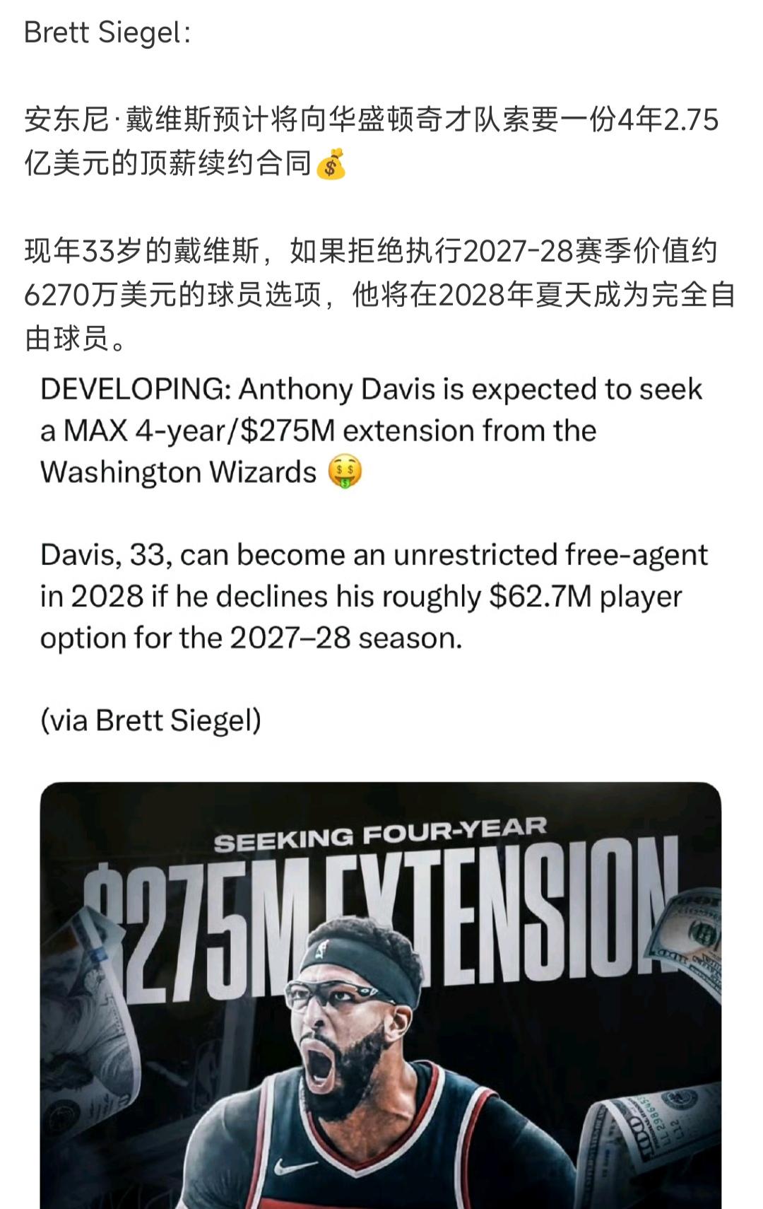 浓眉哥33岁了，还想签7000万一年的大合同。

他要跳出6270万的老合同，不