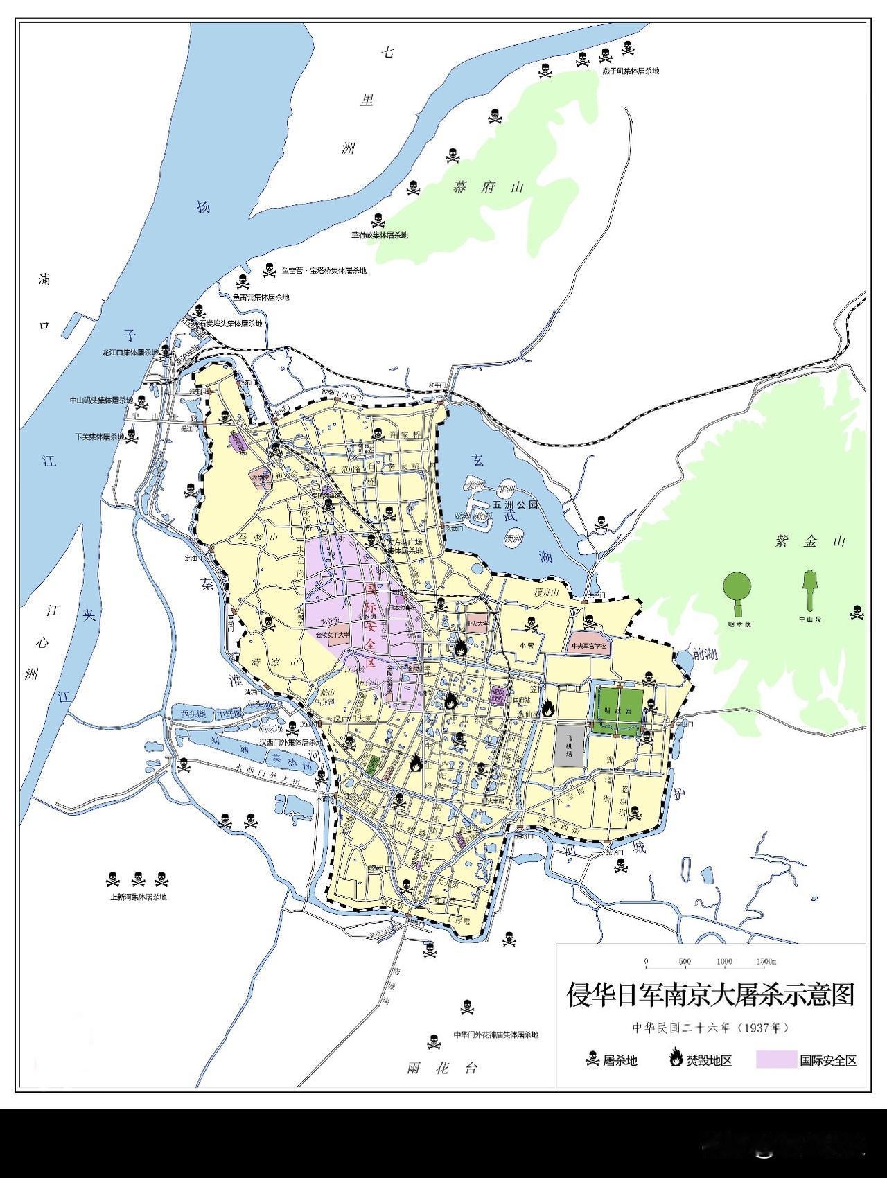 一图看懂侵华日军南京大屠杀示意图，而旁边的紫金山上就是洪武帝的明孝陵和国父孙总理