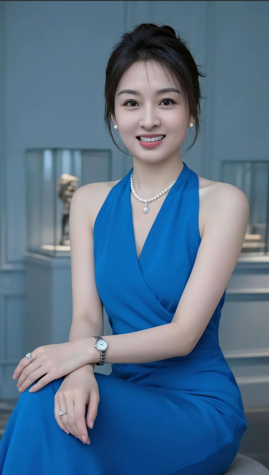 优雅蓝裙，珍珠项链，微笑动人，时尚穿搭