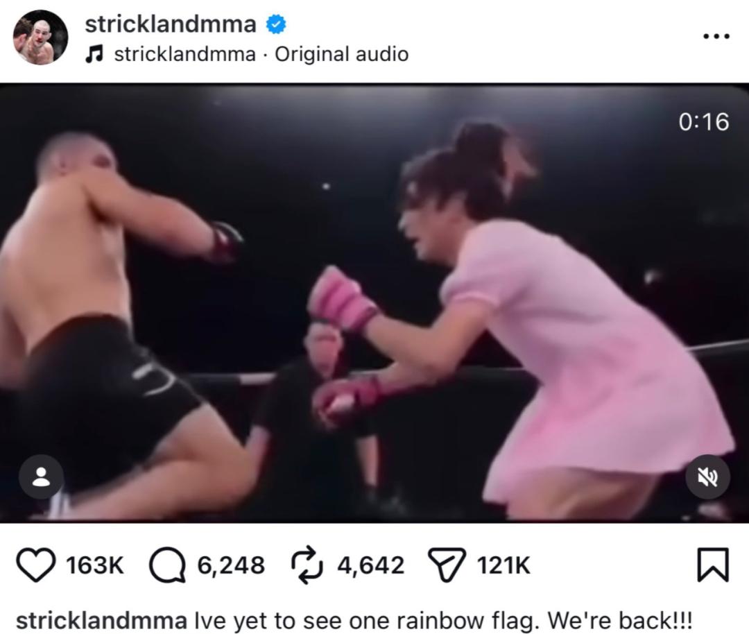 UFC选手肖恩·斯特里克兰（Sean Strickland）分享了一段AI生成的