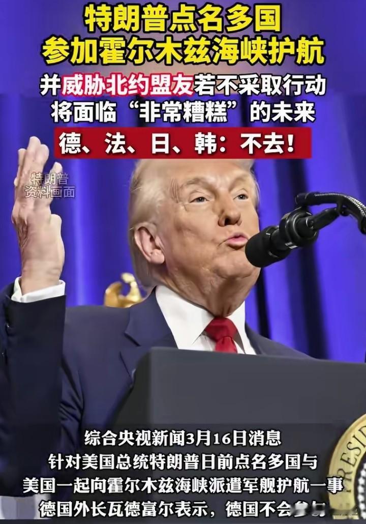 面对霍尔木兹海峡的严峻形势，特朗普呼吁德国，法国，日本等参与进来，维护国际航道的