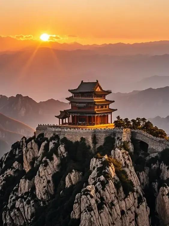  北岳恒山的夕阳，是时光的恩赐。光芒为山巅镶金，映照出历史的沧桑与自然的伟大。#