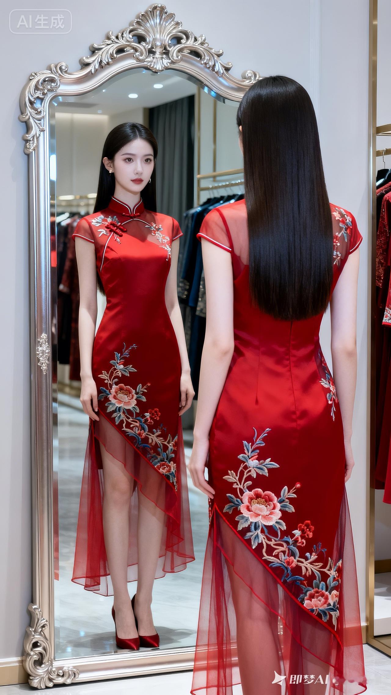 20岁中国姑娘，冷白皮精致妆容，眉清目秀。一袭红色新中式刺绣纱拼接旗袍，披肩直发