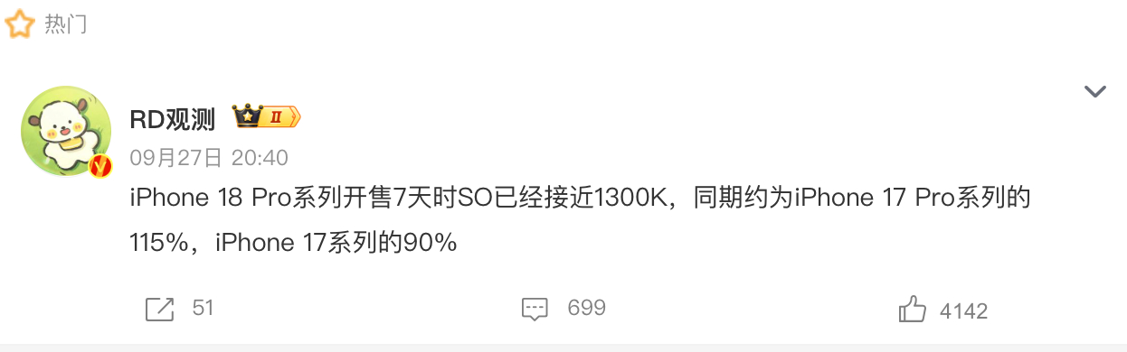 看不懂了，有博主爆料，iPhone 18 Pro系列开售7天，国内销量接近130