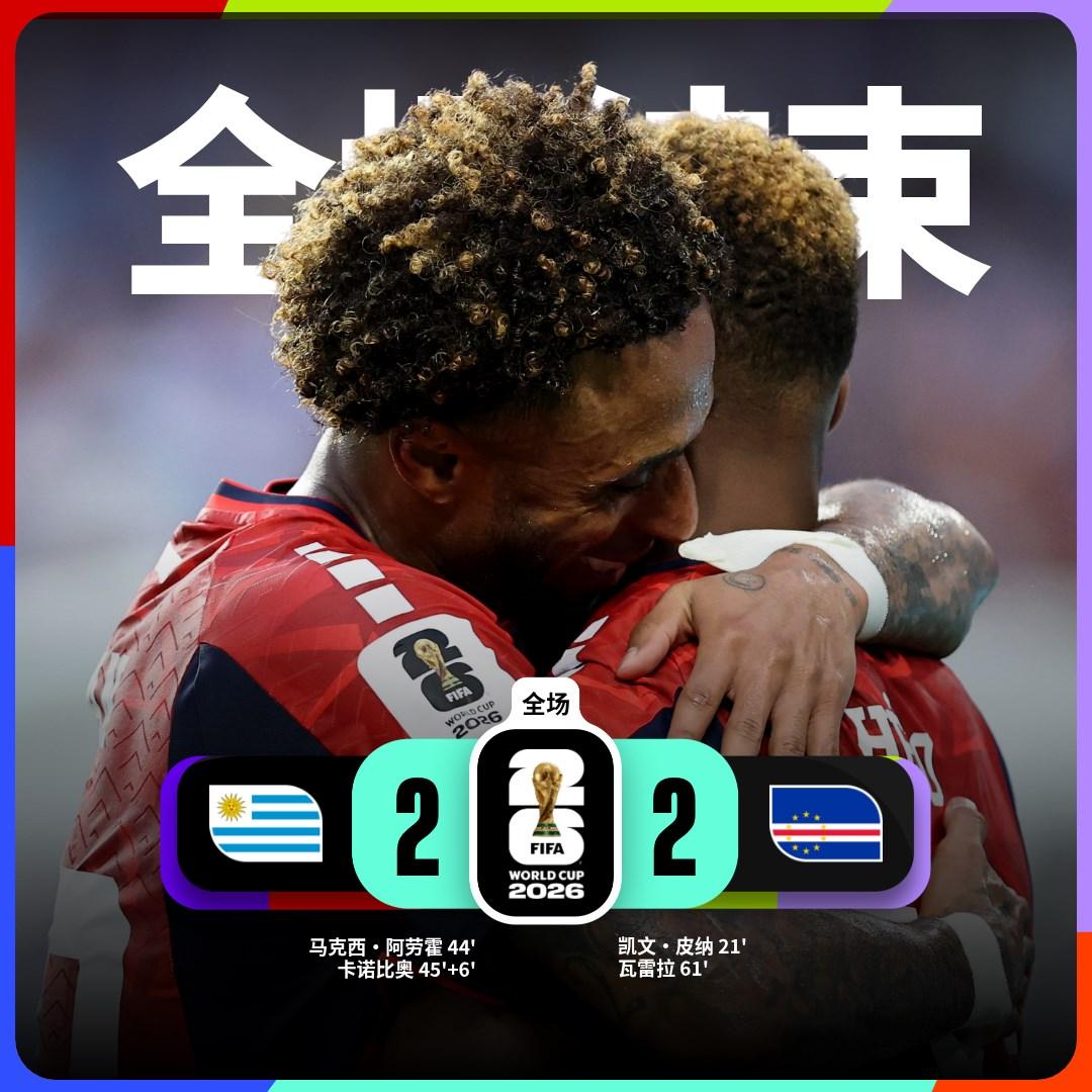 世界杯小组赛：乌拉圭 2-2 佛得角

乌拉圭队球员马克西·阿劳霍、卡诺比奥进球