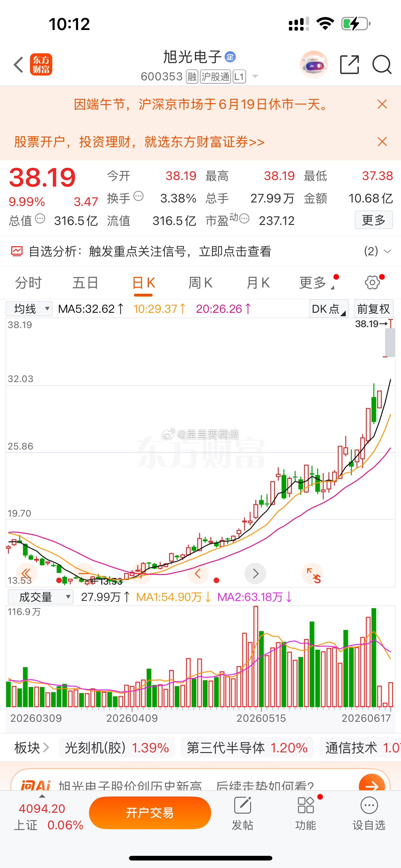 漂亮，我们上周四的福利股$旭光电子 sh600353$ 继续一字板涨停，实力就是