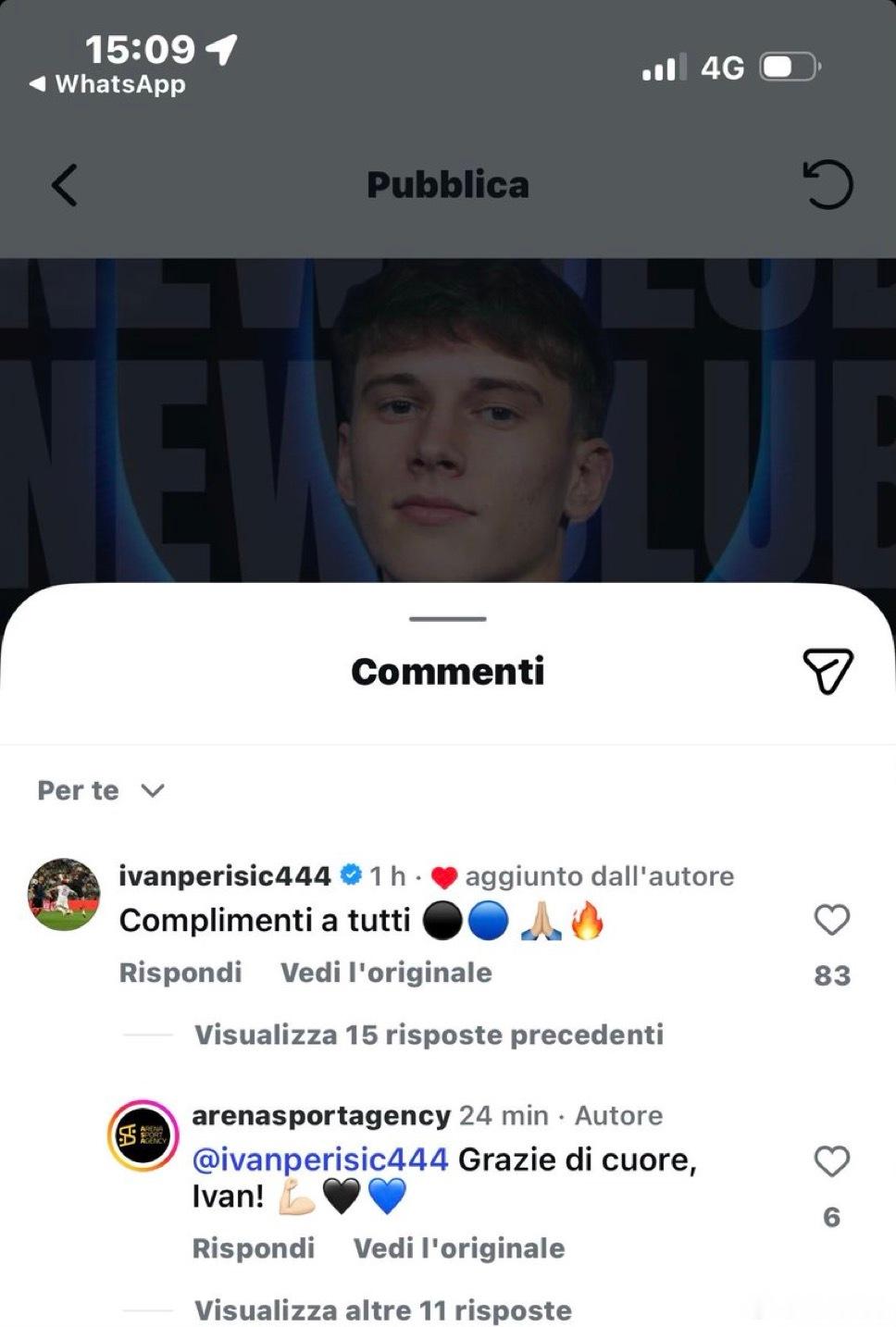 在雅基罗维奇正式加盟国际米兰的社交媒体下 佩里西奇第一时间送上了祝福和祝贺国际米