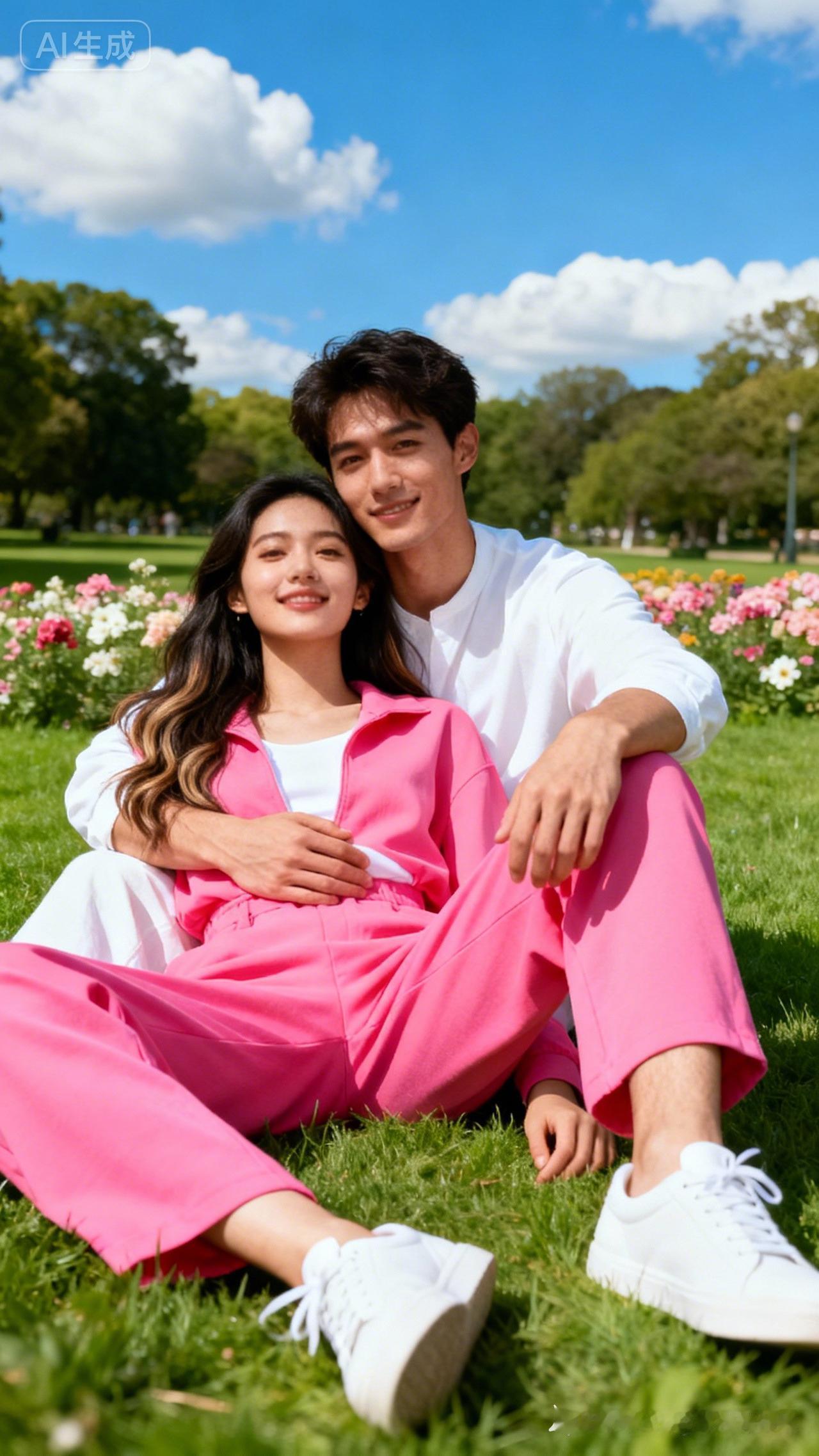 阳光明媚的公园里，情侣甜蜜相依，粉色与白色相映成趣，浪漫满满！🌸💕