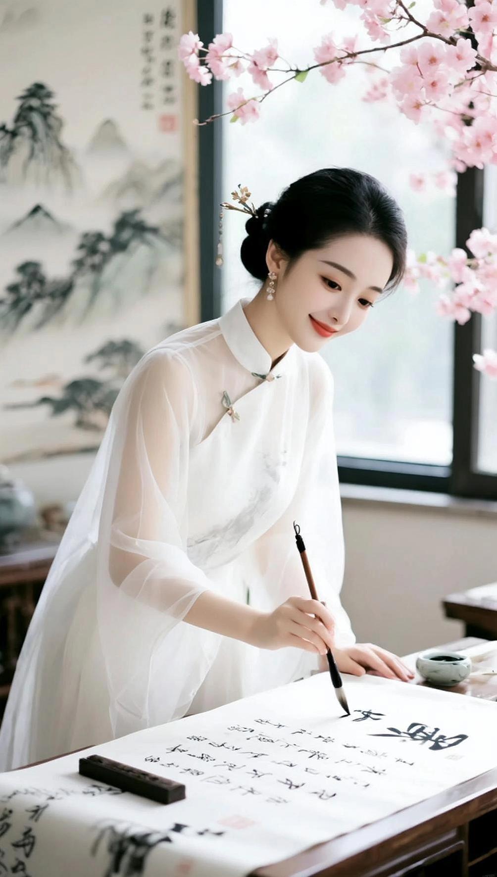 素衣执笔落墨香， 窗外花枝映晓窗。 一卷丹青书雅意， 悠然岁月韵悠长。