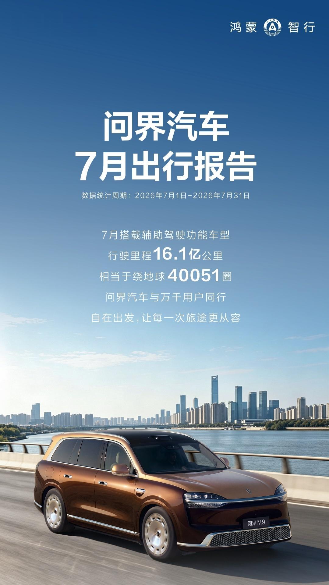 问界发布 7 月出行报告，一组智驾数据很有说服力！
 7 月搭载辅助驾驶车型累计