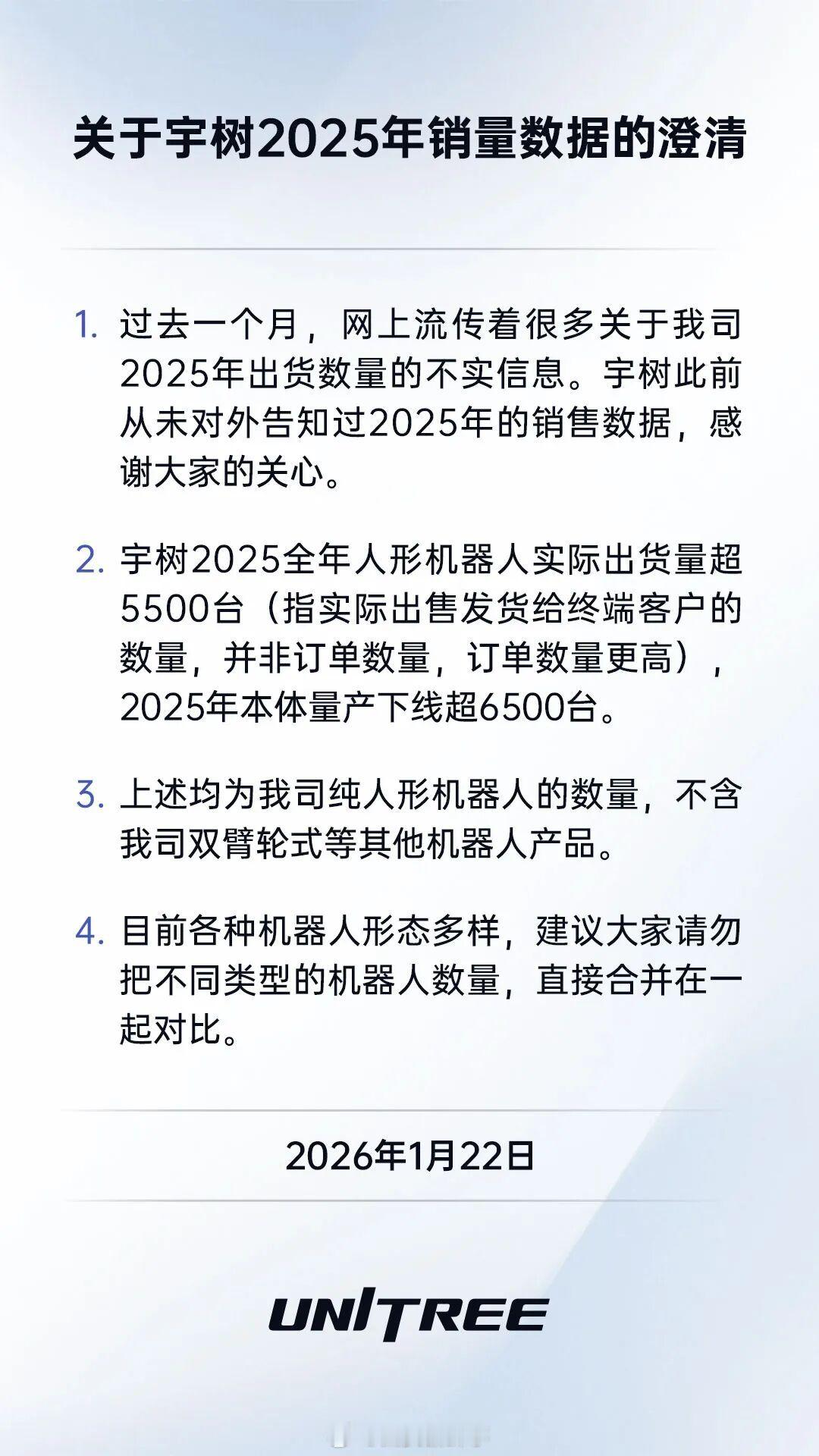 【宇树发文澄清销量数据】宇树2025人形机器人出货量超5500台1月22日，宇树