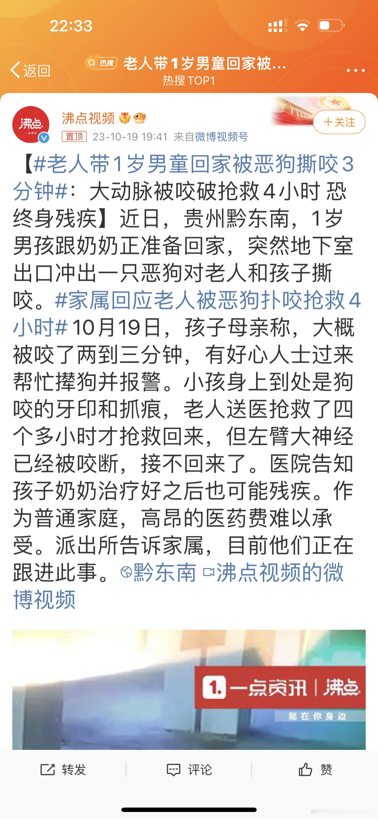 #老人带1岁男童回家被恶狗撕咬3分钟#又有老人和孩子被不拴绳的狗咬伤了。老人抢救