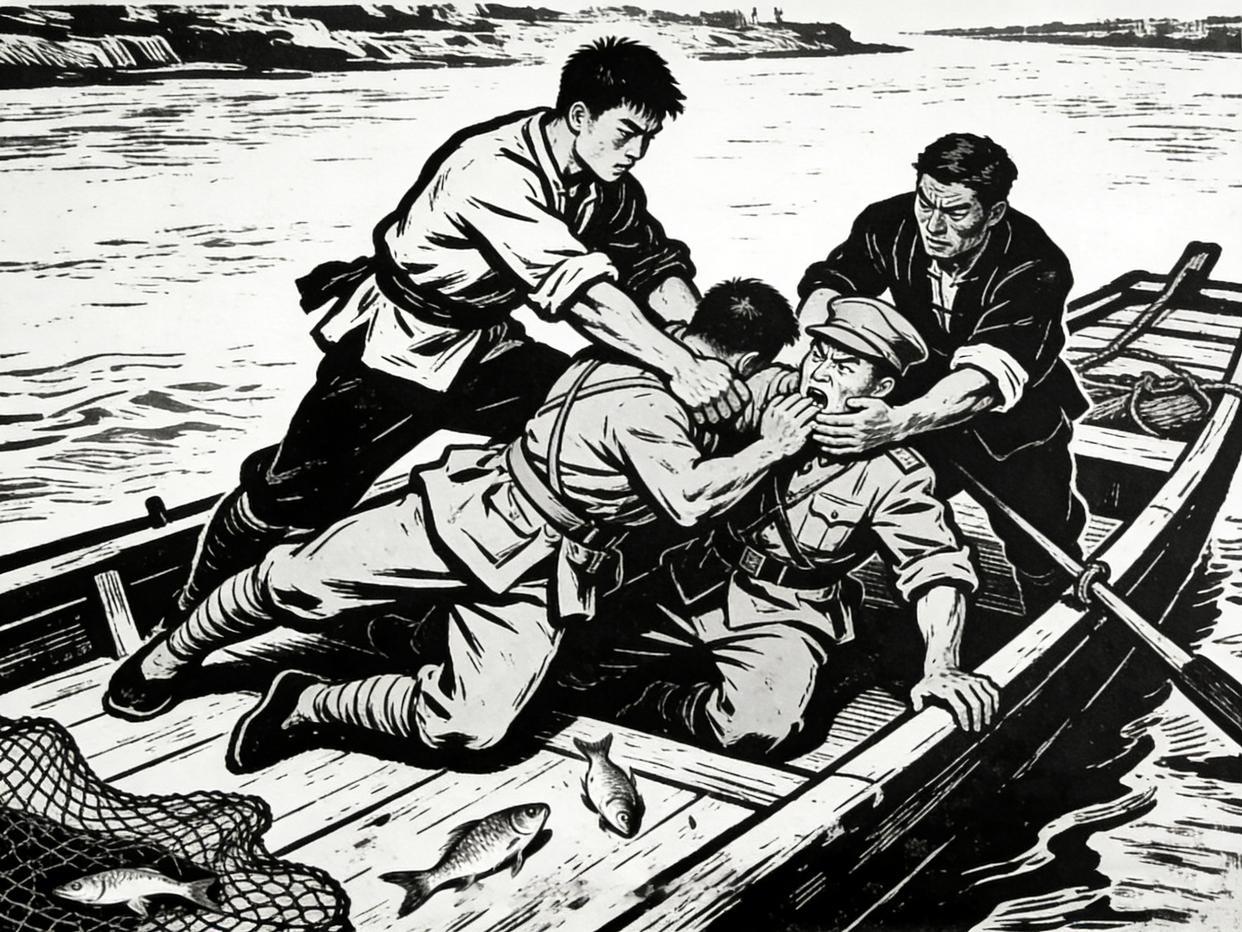 抗战时，一伪军让渔民送鱼上岸，孰料对方一把攥住其手道：别乱动。
 
这个渔民根本