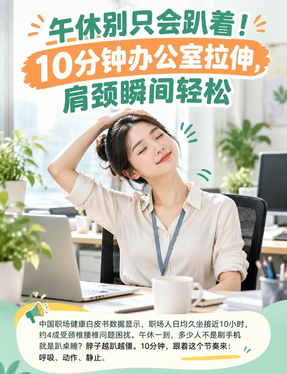 午休别只会趴着！10 分钟办公室拉伸。肩颈瞬间轻松 《中国职场健康白皮书》数据显