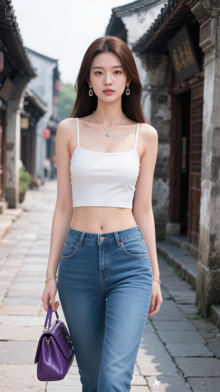 一个女孩在古街里走。