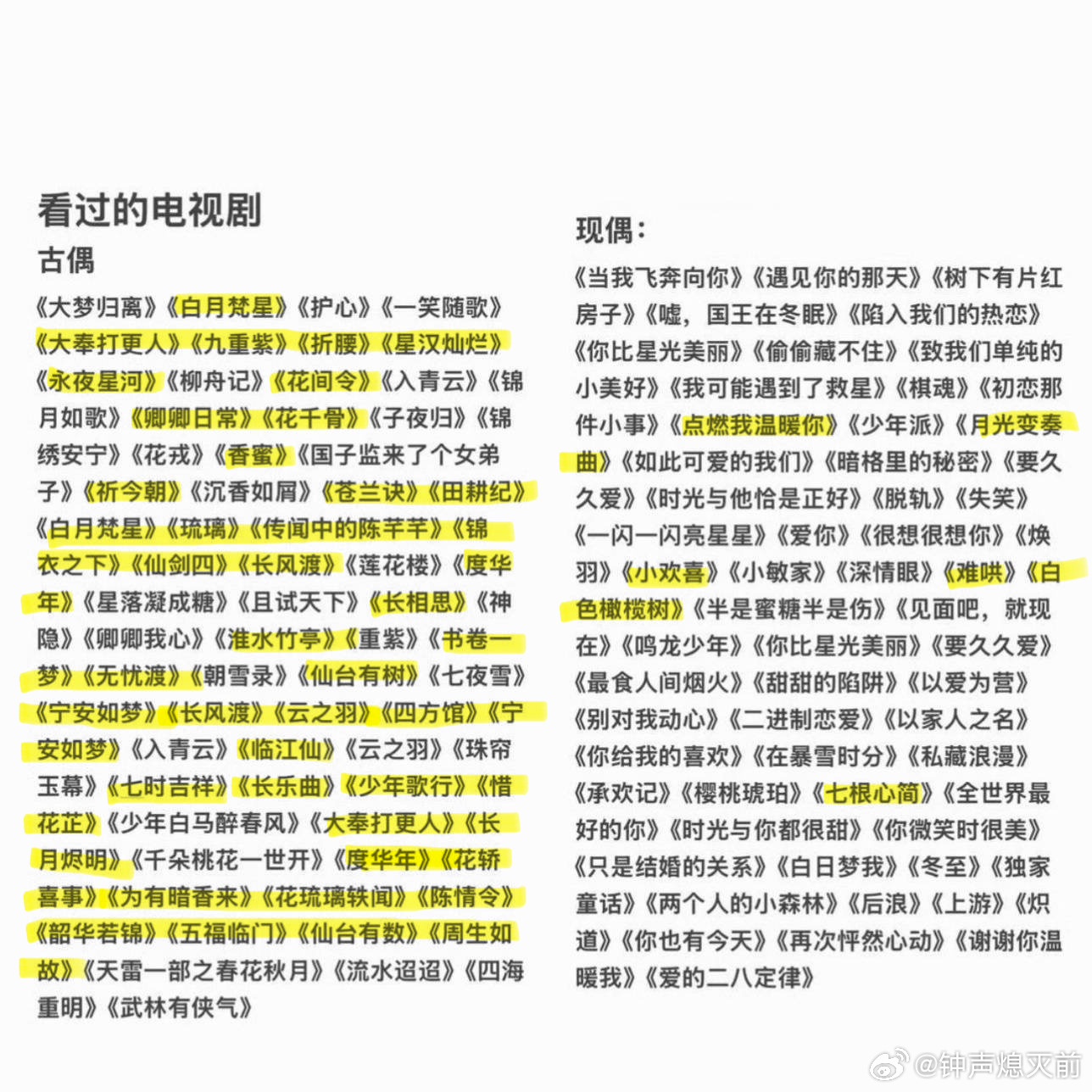 基本都看过一两集，标黄的是看一半以上的我对咱古偶是真的很宽容很有耐心 