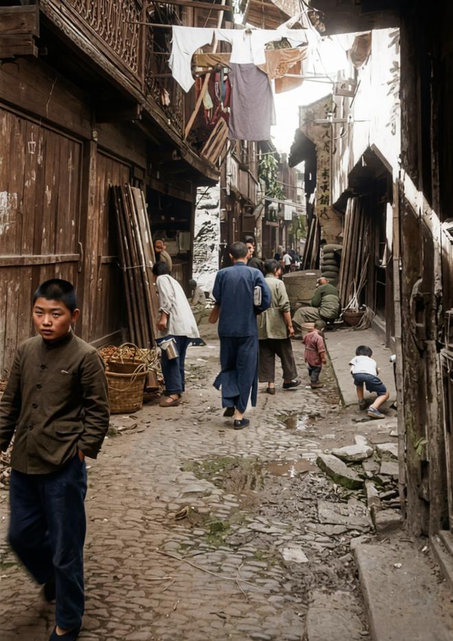 1948年5月，上海法租界附近的一条弄堂，凹凸不平的石板路、斑驳的木质门板与两侧