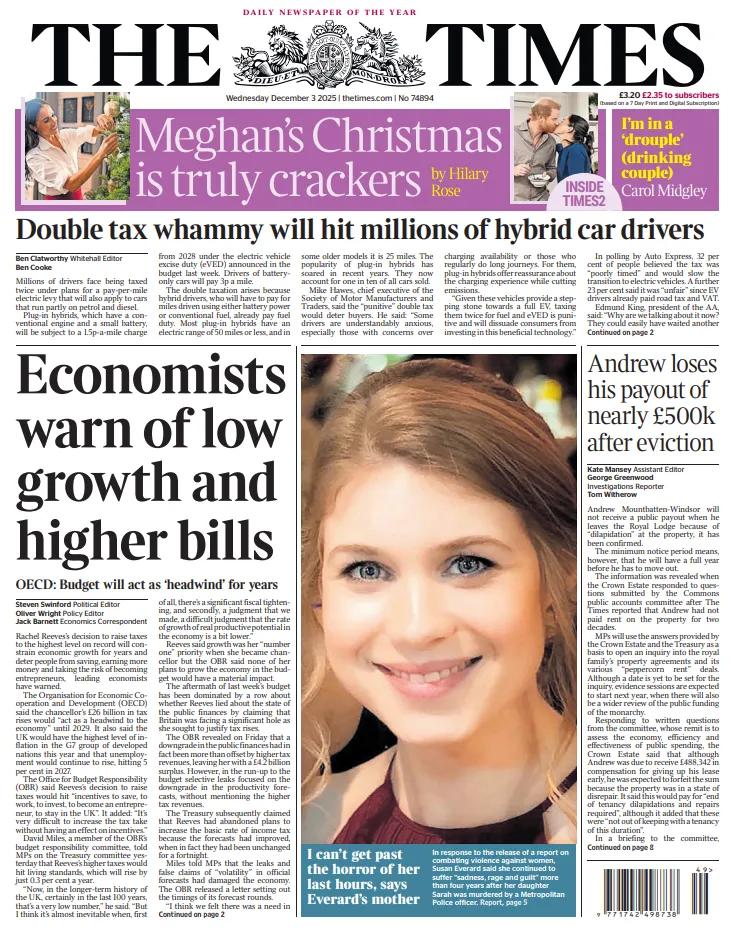 《泰晤士报》表示，经济学家警告称，英国财政大臣瑞秋·里夫斯决定将税收提高到创纪录