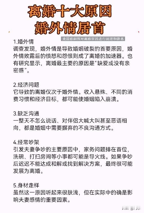 前几天，看到一个调查，是美国婚恋网站的调查，说是：离婚十大原因婚外情居首，经济问