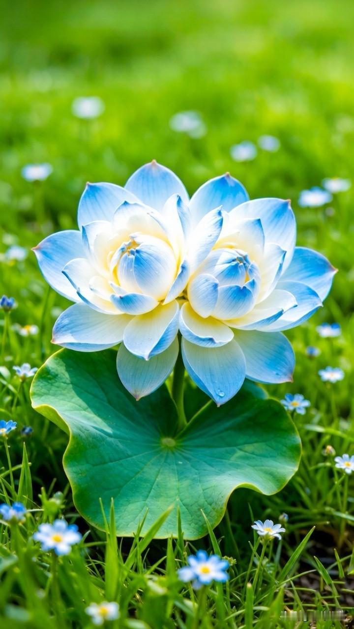 傍晚，湖畔偶遇的蓝白梦境，莲瓣承着天光，草野缀满星芒，或许，日子就该像这朵蓝白相