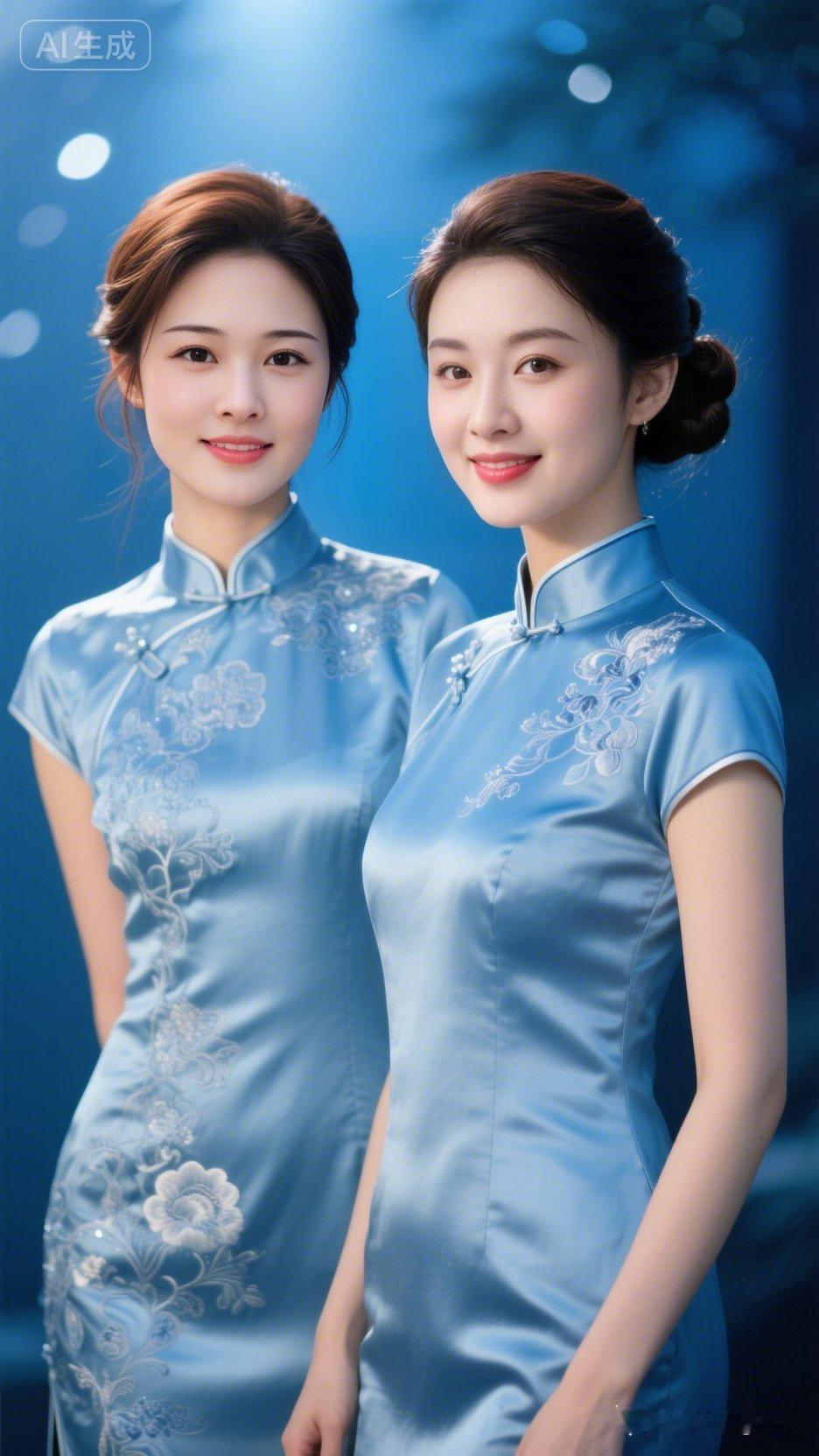 优雅旗袍，温婉双姝，蓝调时光里的东方韵味。