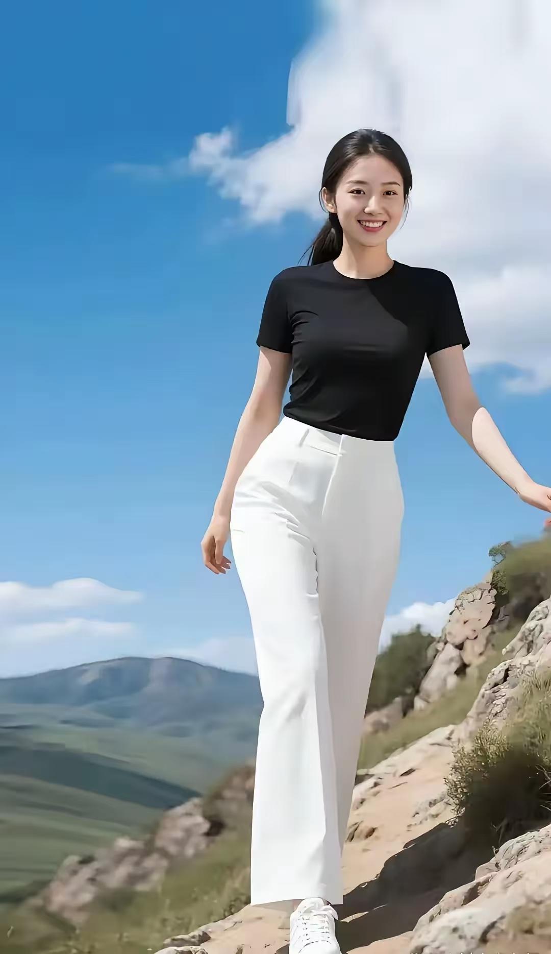 简约黑T恤搭配干净白长裤，少女漫步山野清风拂面，眉眼弯弯笑意温柔。素净穿搭衬出清