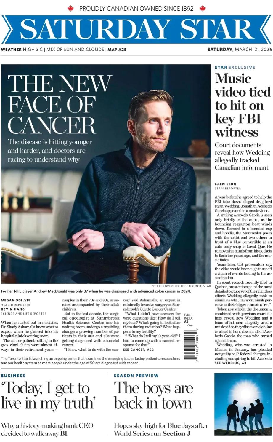 结直肠癌已经成为不少国家普遍的流行的癌症。
《多伦多星报》头版报道称，癌症的新面