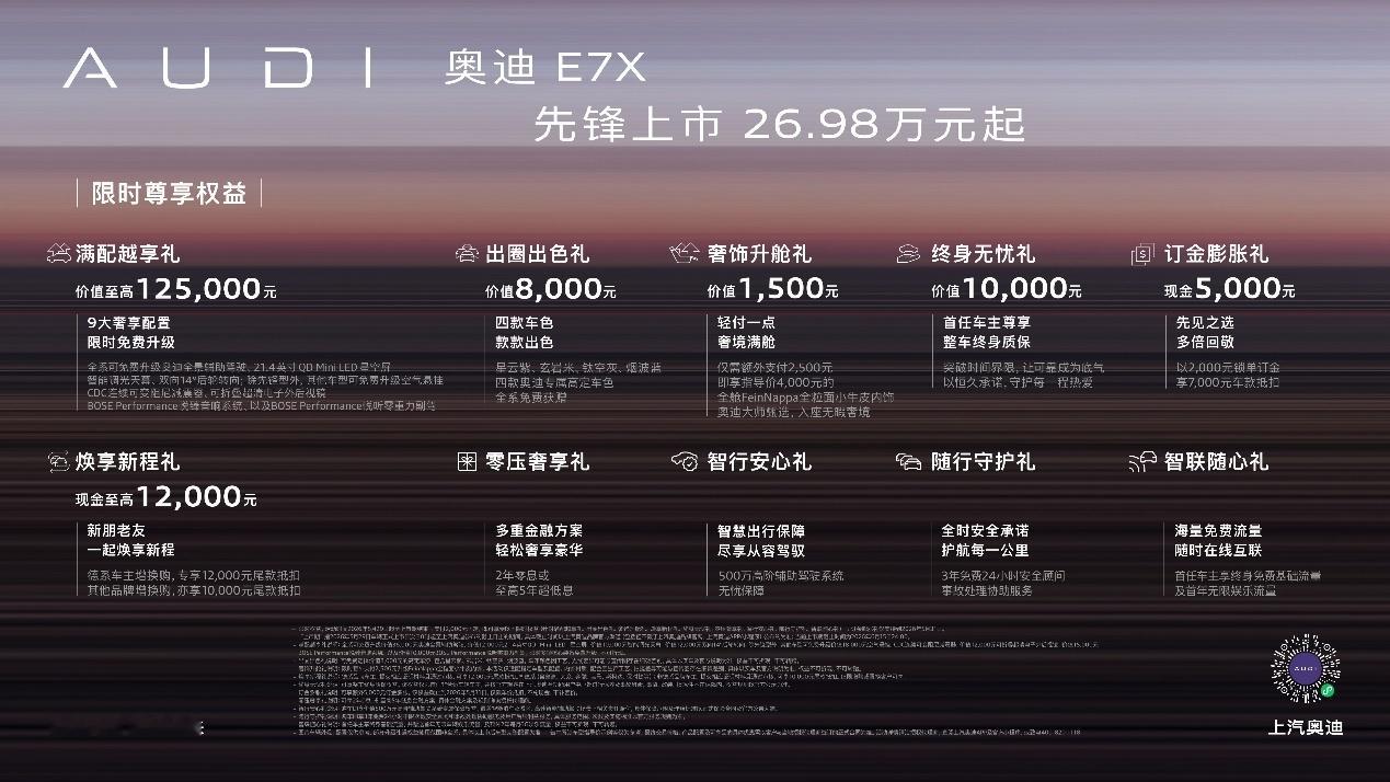 奥迪E7X 正式上市，26.98万元起。全系标配全景辅助驾驶、后轮转向、智能天幕