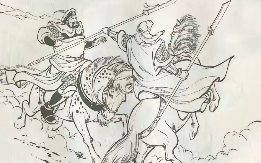 金刀将奉命追赶契丹耶律得海部，耶律得海回身交战。两人战了几十个回合后...