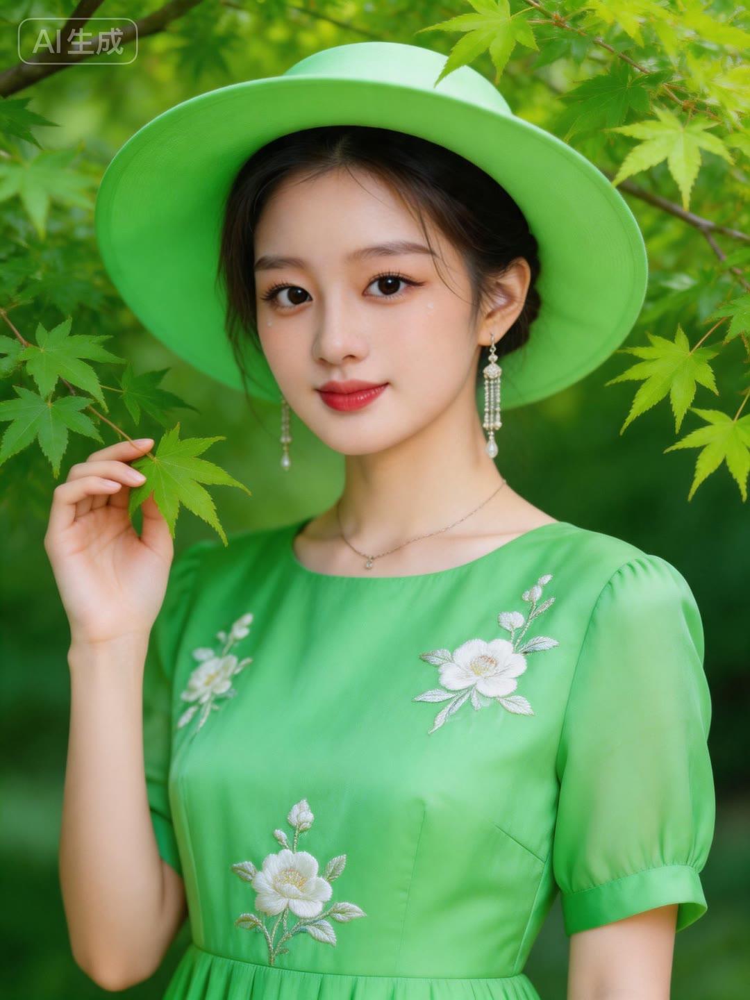 绿衣美人倚绿树，花影共舞。
