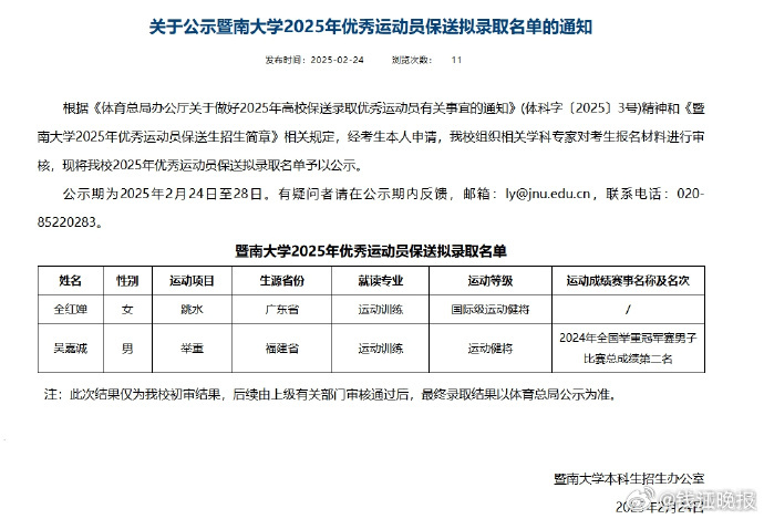 #全红婵保送至暨南大学#【 #全红婵拟保送暨南大学# 】2月24日，暨南大学本科