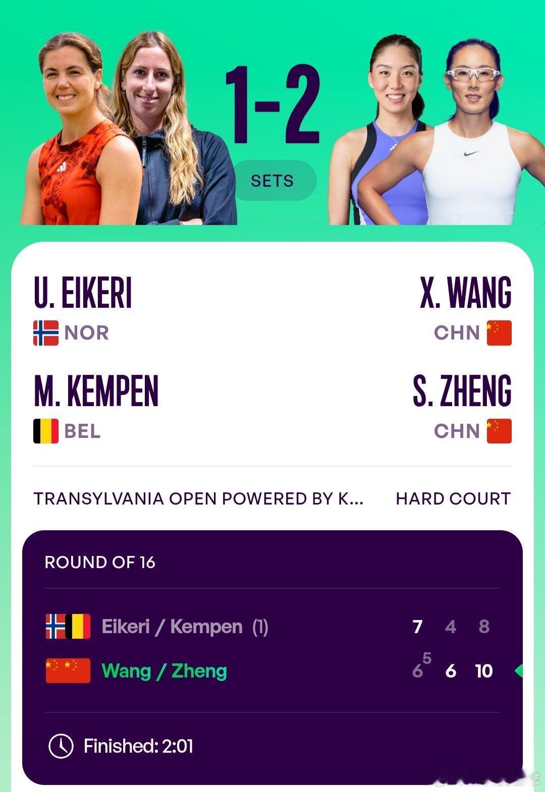 WTA250克卢日-纳波卡站女双第一轮王欣瑜🇨🇳/郑赛赛🇨🇳6-7(5)