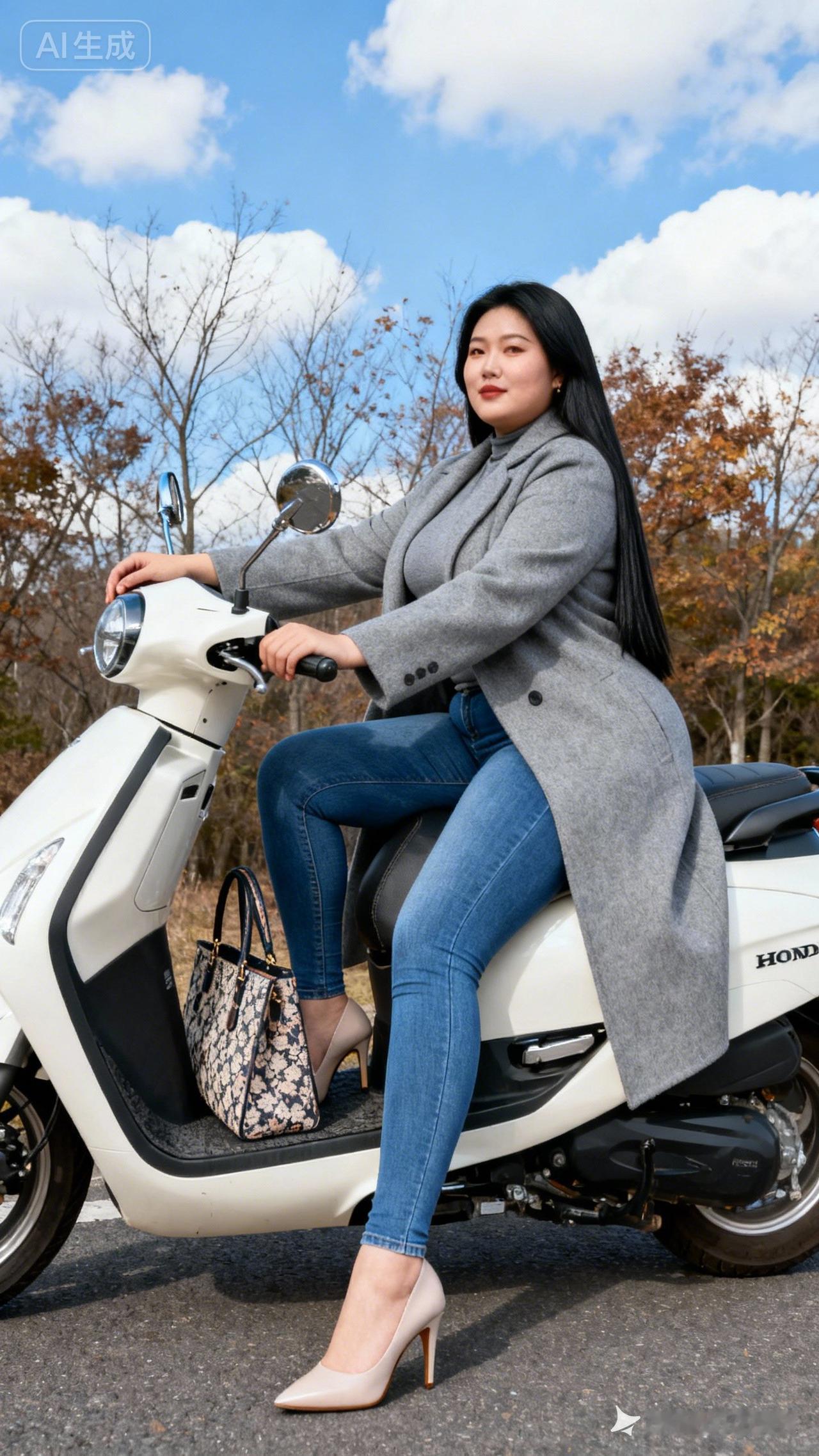 这位女士骑着摩托车，穿着时髦。