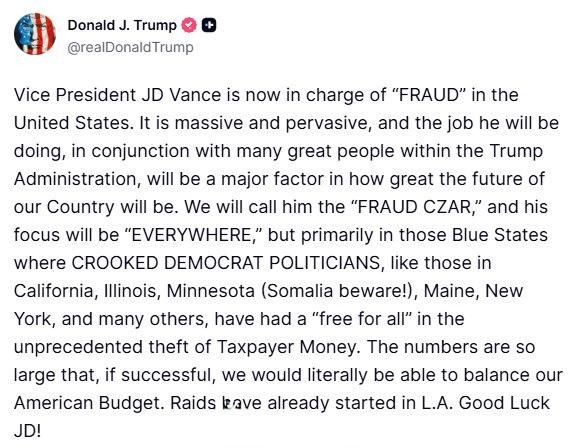 特朗普宣布已经指派万斯副总统负责反诈事务，听起来是一种暗贬。 ​​​

特朗普发