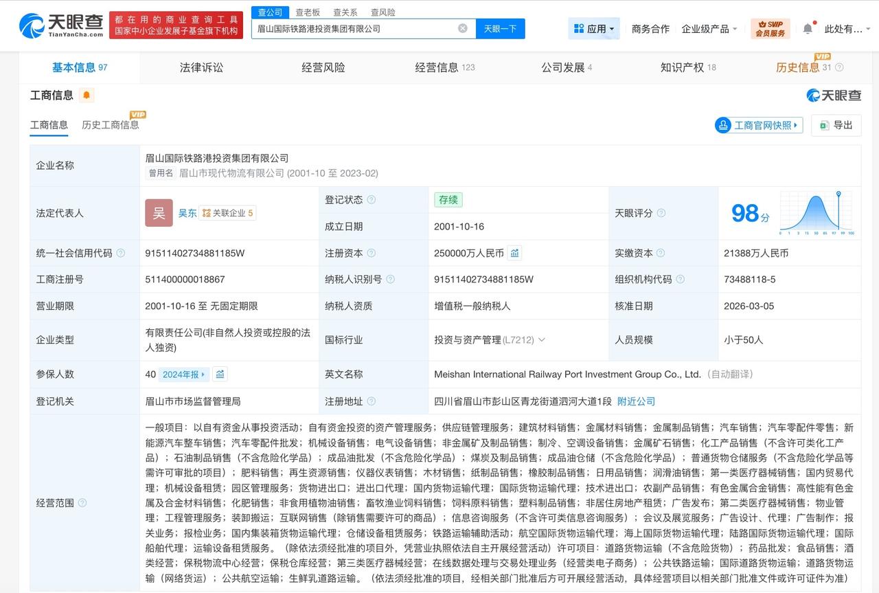 眉山国际铁路港投资集团增资至25亿增幅150%
天眼查工商信息显示，近日，眉山国