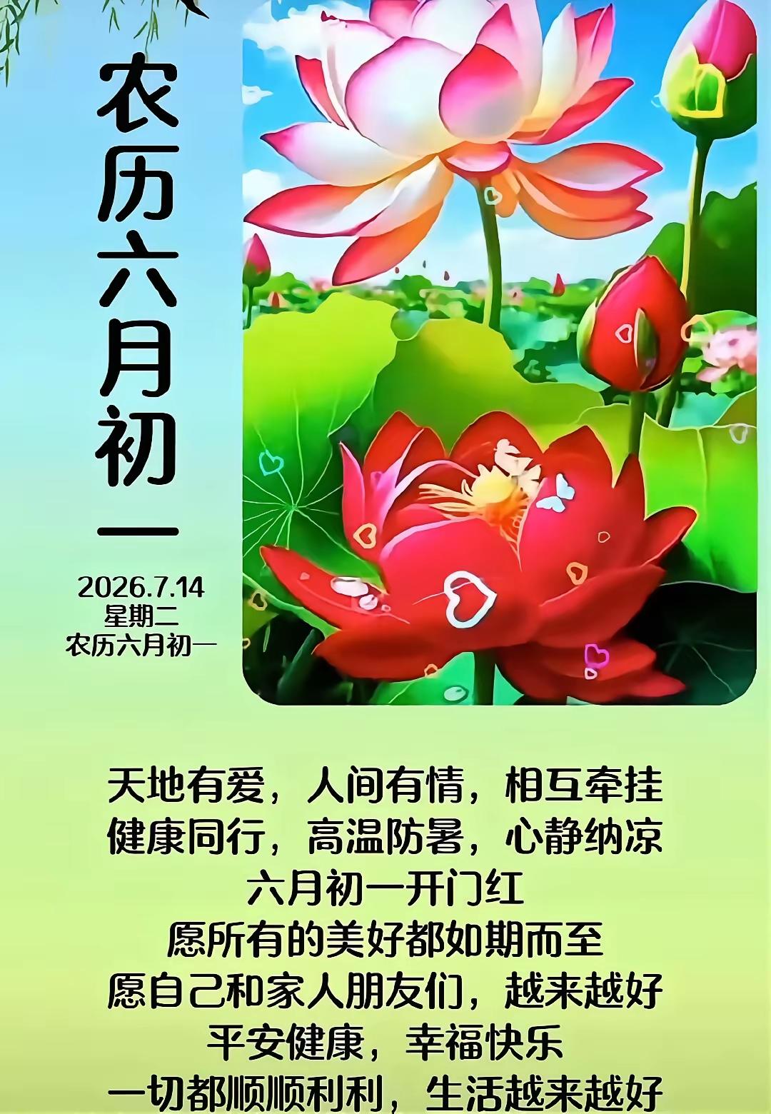 7.14农历六月初一，初伏
   [燃烧的心][福]早上好[招财进宝][心]
愿
