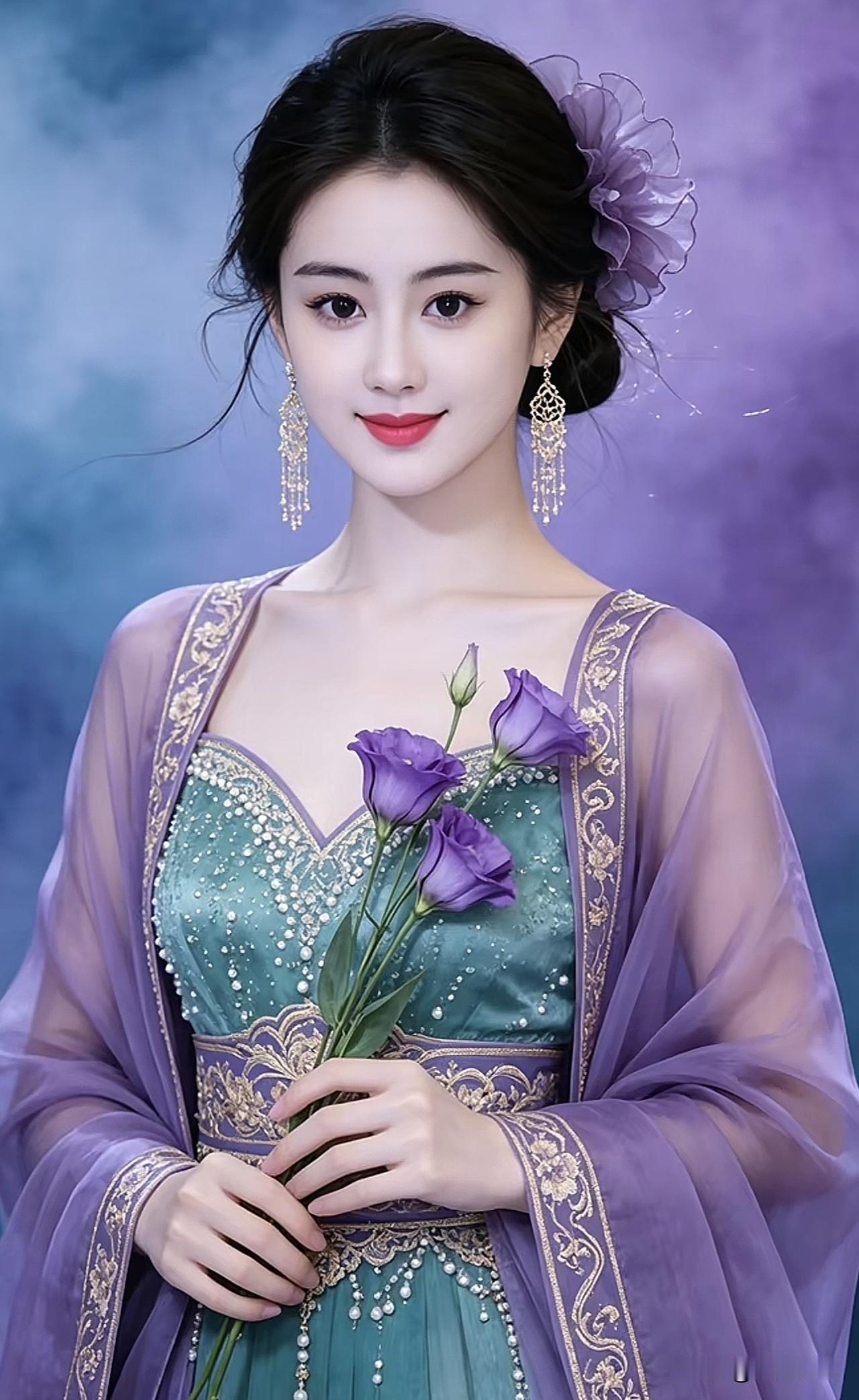 梦幻古风少女，手持紫色玫瑰，唯美动人！玫瑰红裙少女 紫色花海少女 紫色梦幻少女 