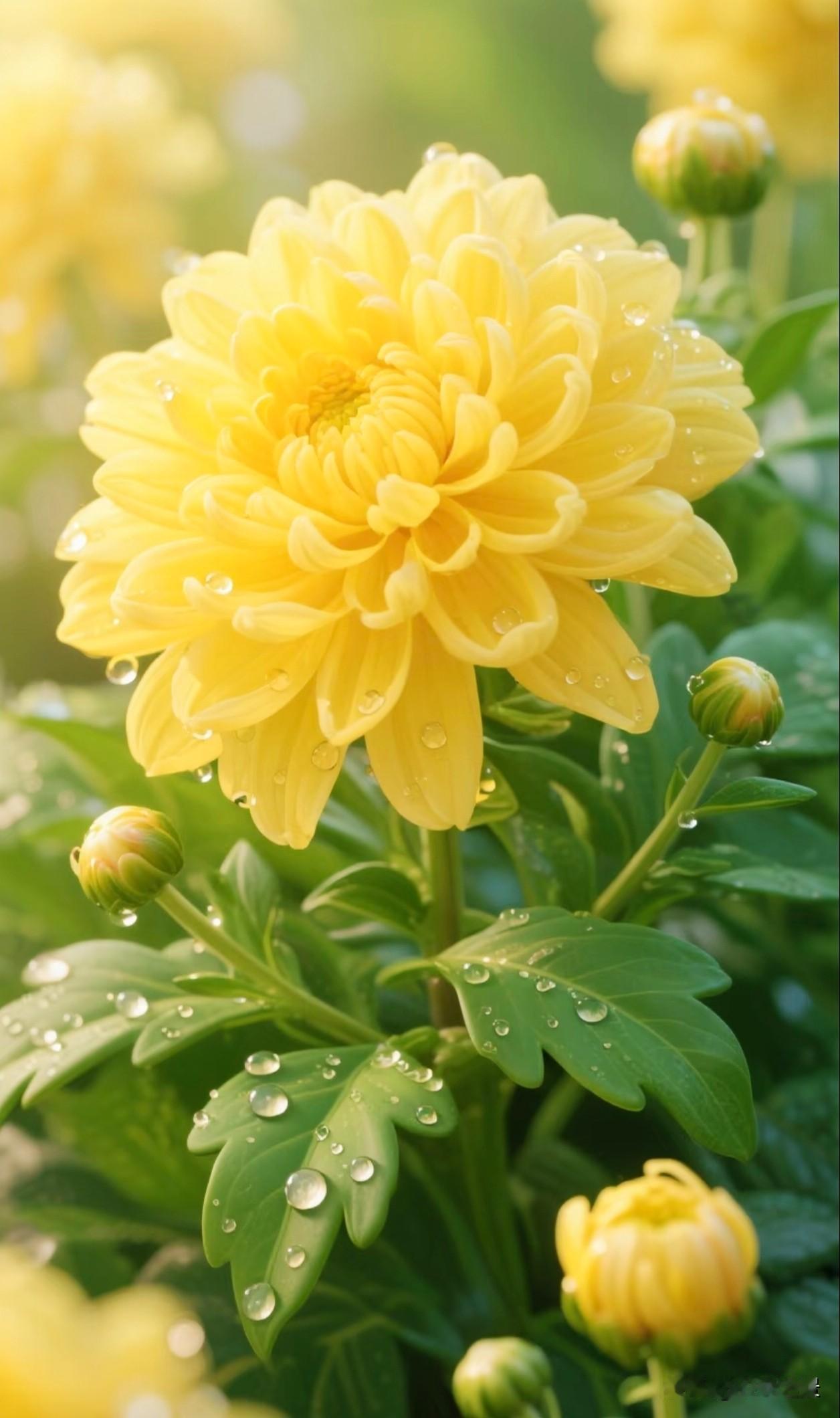 金黄缠丝菊温润雅致，艳红大丽花热烈明媚，花瓣缀满晶莹晨露，在清润绿意里肆意盛放。