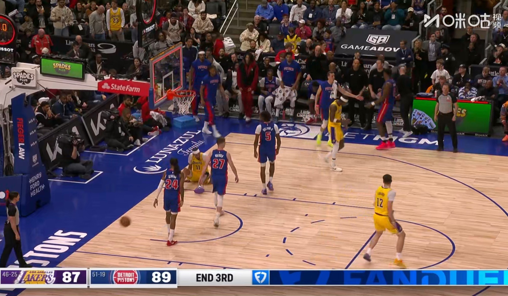 又看到了希望！三节比赛结束2分差距！湖人vs活塞