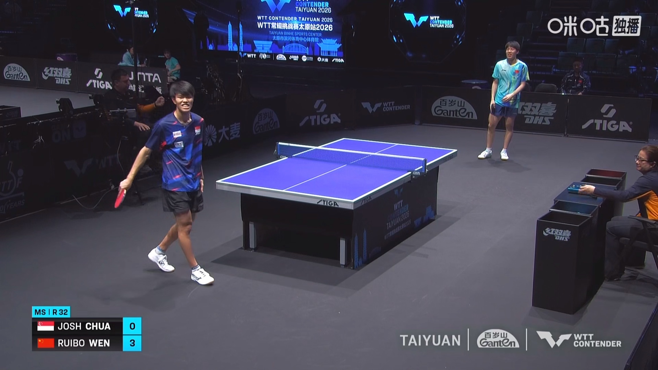 温瑞博3比0蔡劭恒(11-8，11-7，12-10)晋级wtt常规挑战赛太原站2