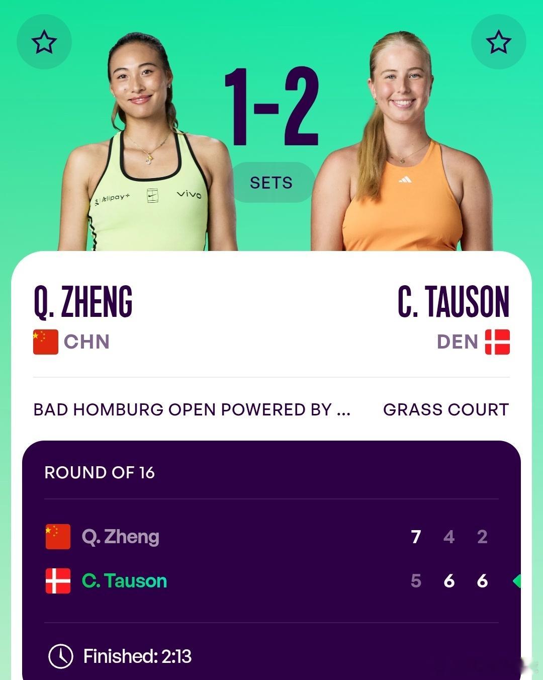 WTA500巴特洪堡站🇩🇪女单第2轮持外卡参赛的郑钦文🇨🇳7-5/4-6