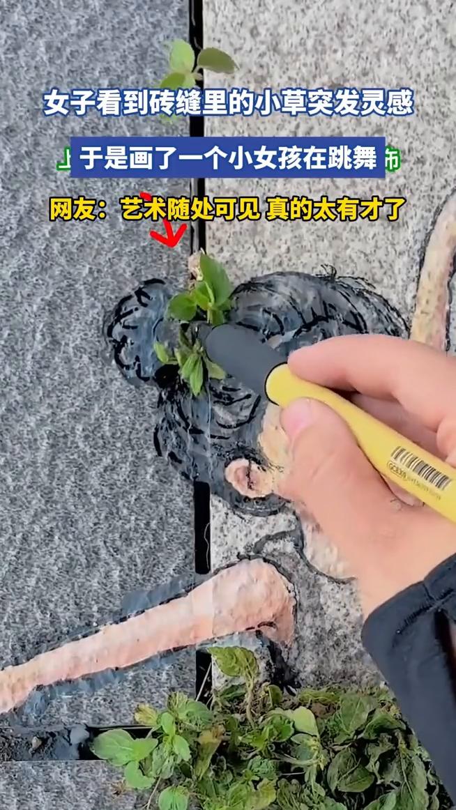 女子看到砖缝里的小草突发灵感，于是画了一个小女孩在跳舞。网友：艺术随处可见，真的