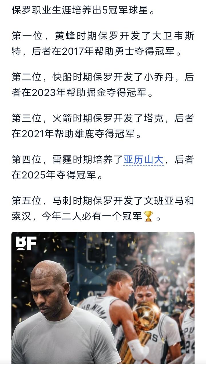 有球迷指出保罗培养五个冠军球员。

但这些都是小球员，文班亚马如果夺冠，功劳算保