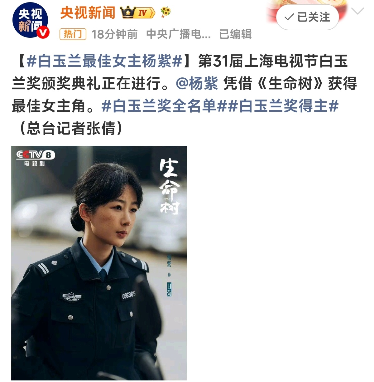 白玉兰视后是杨紫！