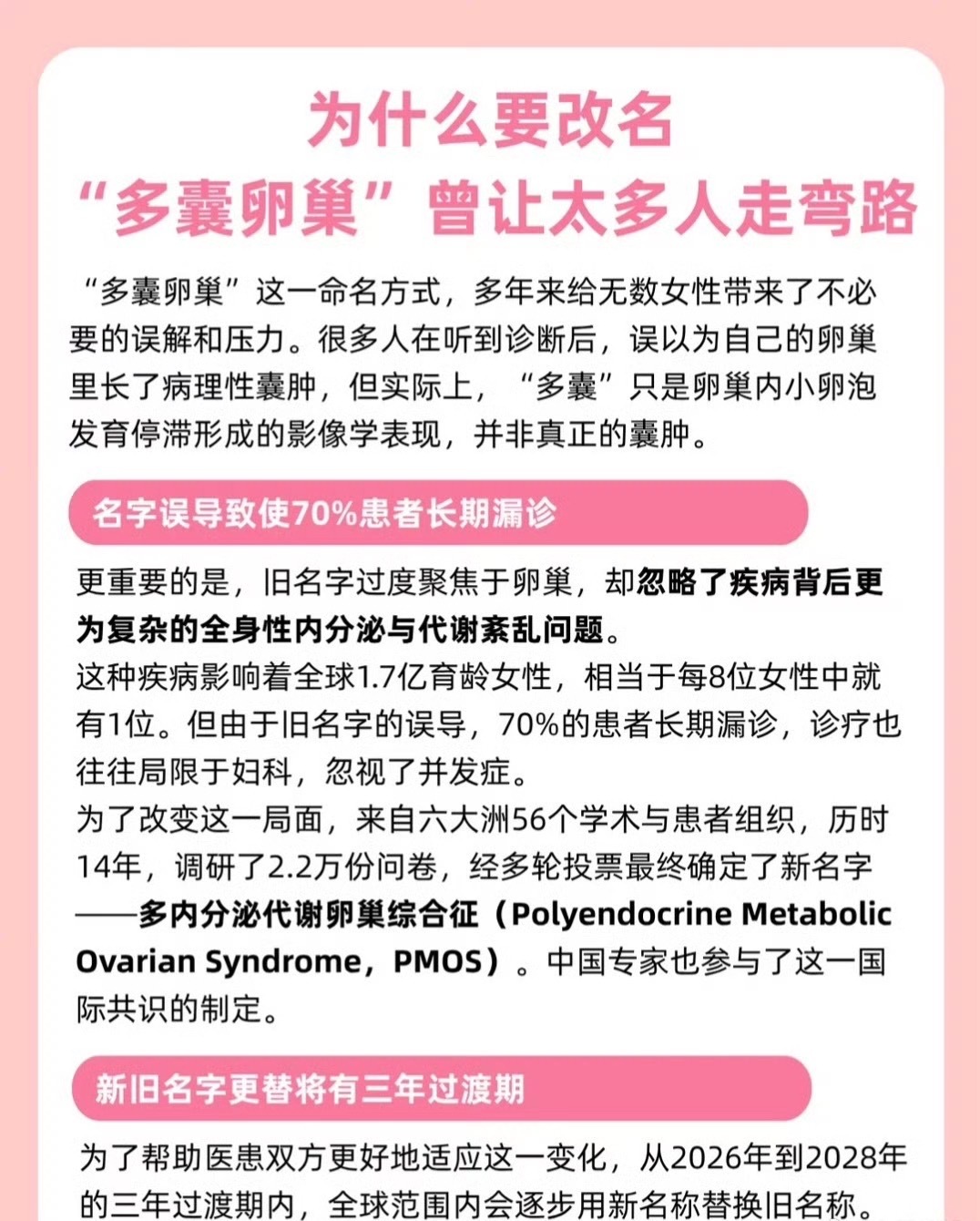 多囊卵巢综合征正式更名期待新名字可以减少女性的焦虑，不再只纠结卵巢影像学报告，重