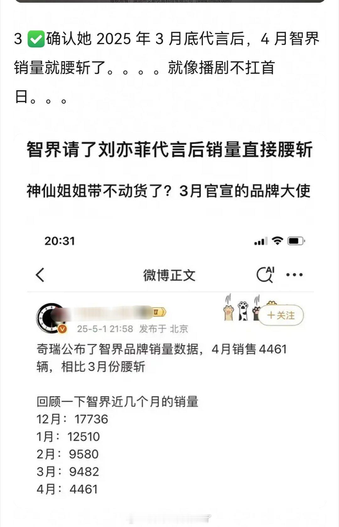 刘亦菲代言智界快一年后，销量同比下降了 90%，为什么她的商务不扛首月销量、播剧