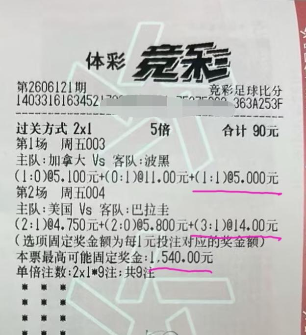 好奇问一下:如果美国队最后一分钟那个球没进，那这张彩票能中多少钱？
我猜很多买足