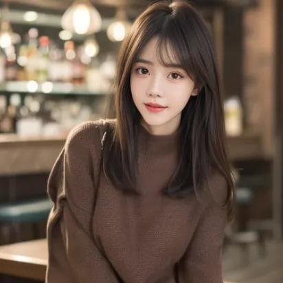 夜晚的温暖咖啡馆里的甜美女孩，温柔的光线洒在她的脸上，氛围浪漫又温馨。秋日氛围咖