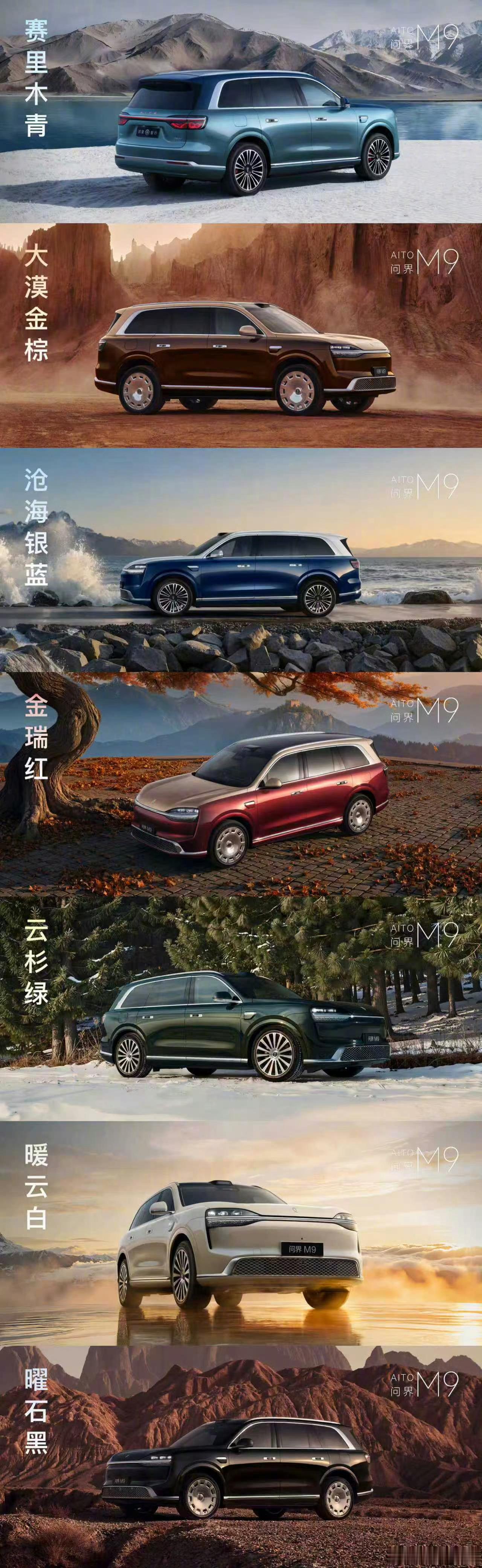 问界M9的8款车漆颜色，我个人心中前三是：雅丹金黑、大漠金棕、云杉绿。 